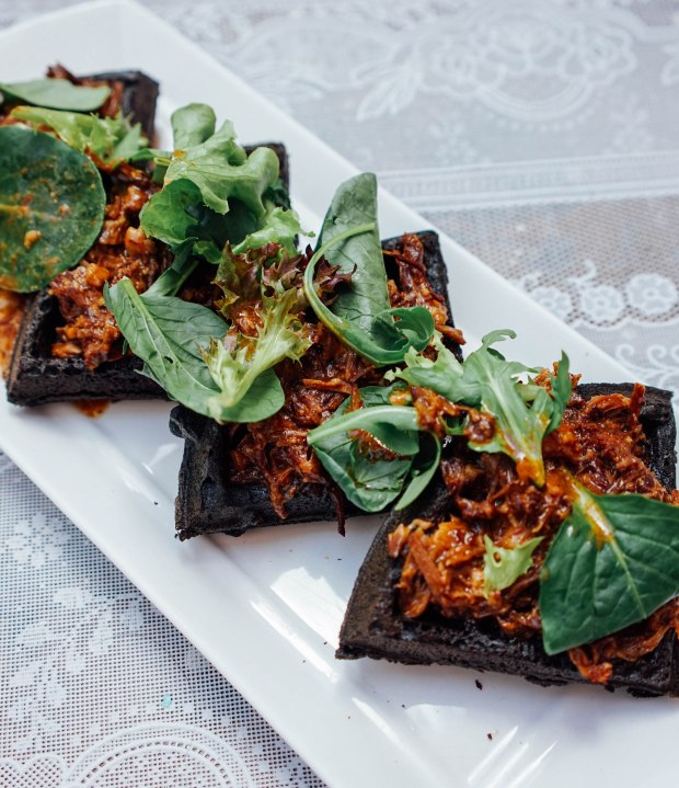 sofi-cafe-pizza-charcoal-waffle-with-bbq-pulled-pork