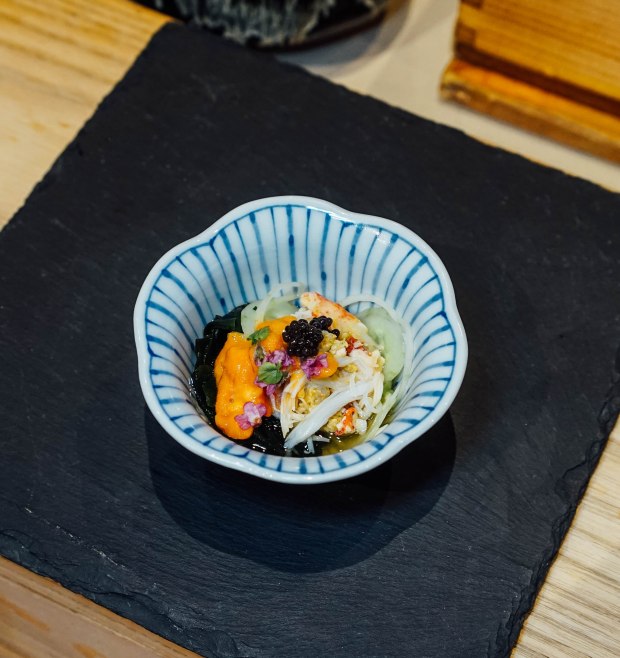mai-by-dashi-master-marusaya-hokkaido-hairy-crab-with-sweet-vinegar-sauce-topped-with-uni-with-shiso-flower-and-caviar