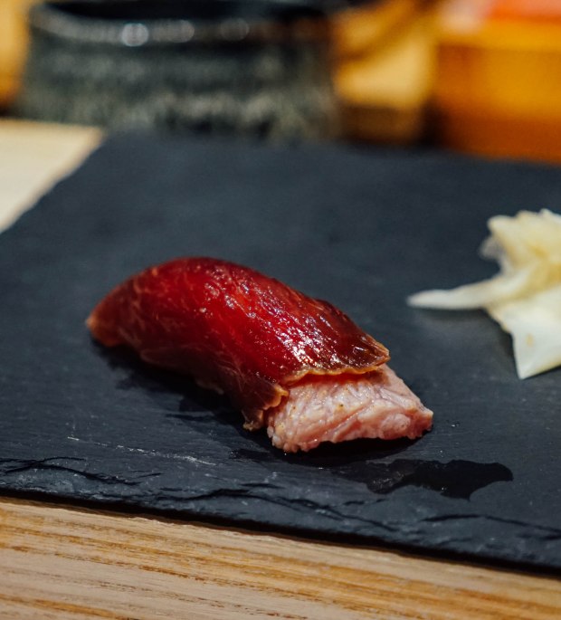 mai-by-dashi-master-marusaya-marinated-akami-maguro-and-aburi-otoro-nigiri