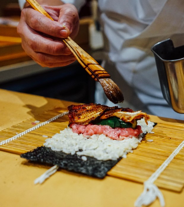mai-by-dashi-master-marusaya-unagi-cucumber-and-otoro-maki-topped-with-ikura